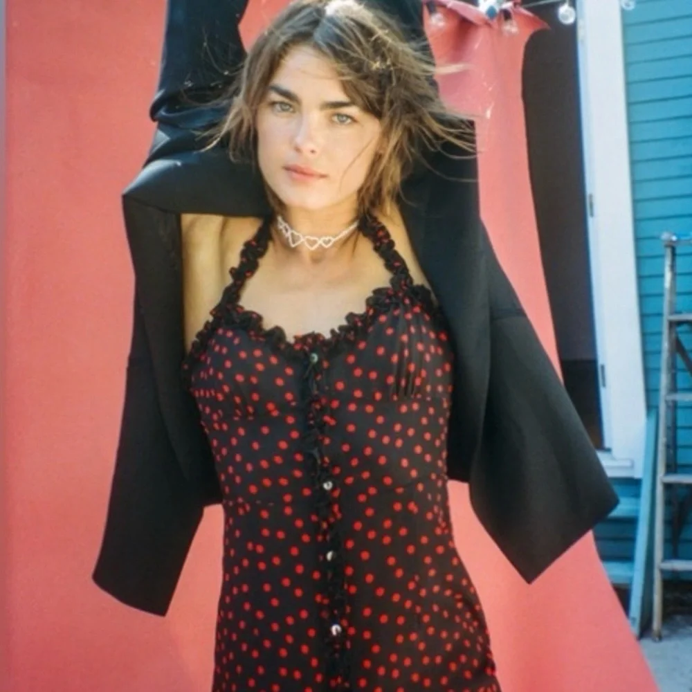 Reformation Par Black Midi Dress with Red Polka Dots - Picture 3 of 4